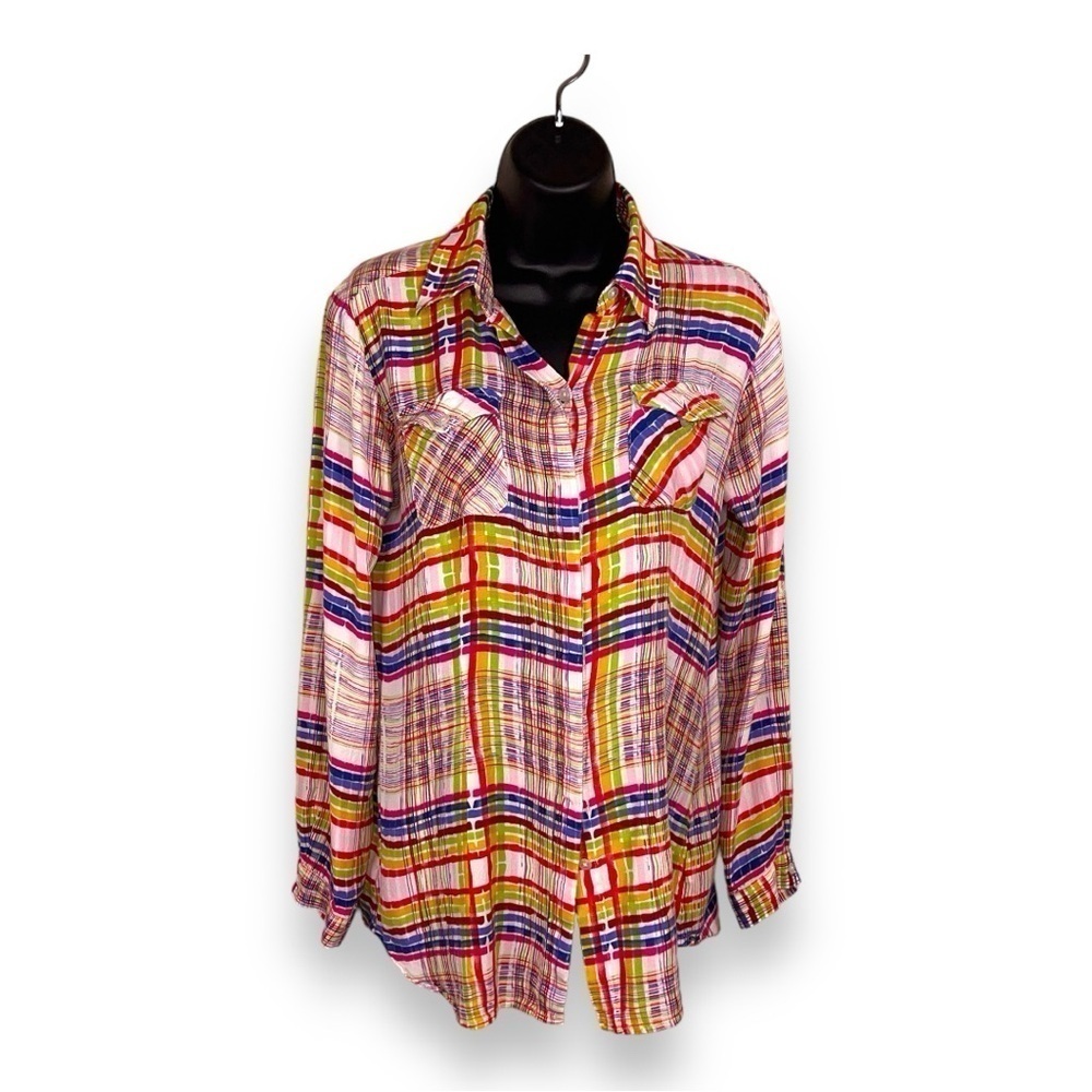SMALL CABI COLORFUL PLAID BUTTON FRONT LONG SLEEVE SHIRT PREPPY RAINBOW